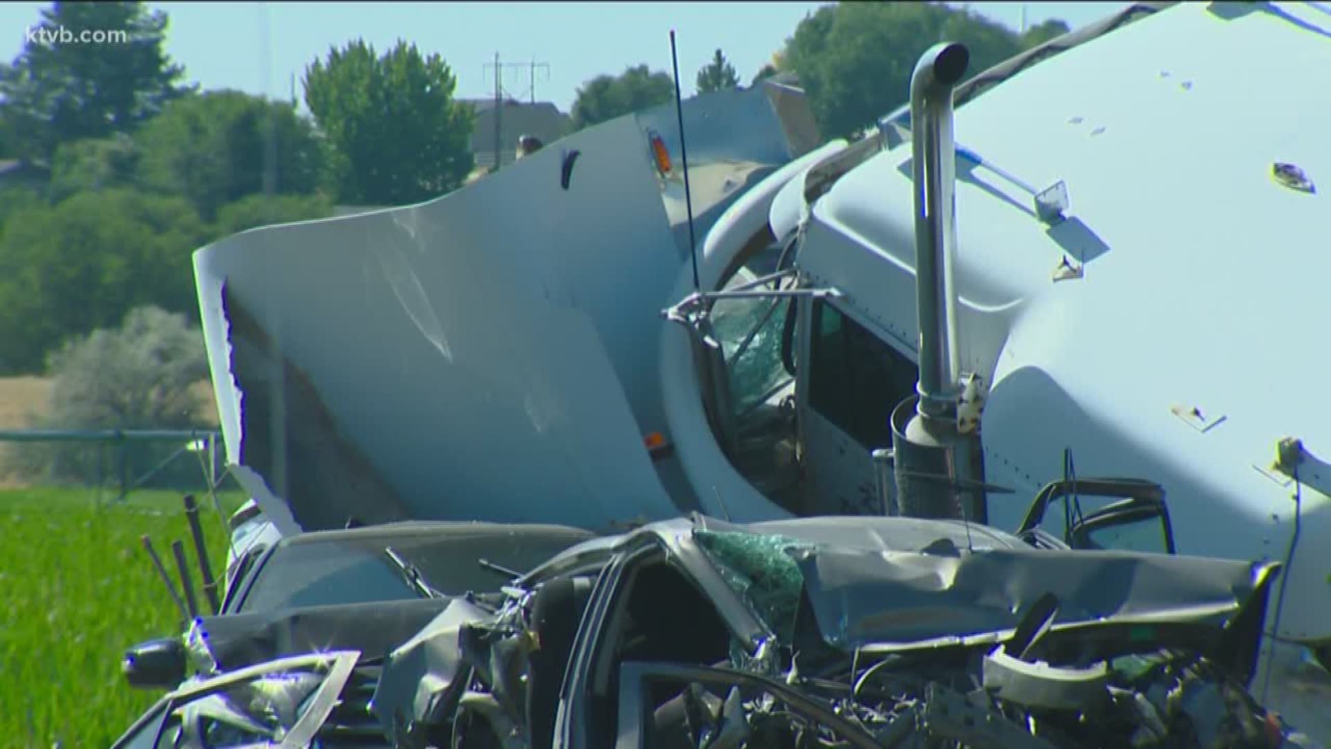 The crash was reported just before 4 p.m. and took emergency crews seven hours to reopen the interstate. Police say nine vehicles and two semi-trucks, one of which was hauling cars, were involved in the crash. One of the seven other vehicles was a Payette County ambulance.