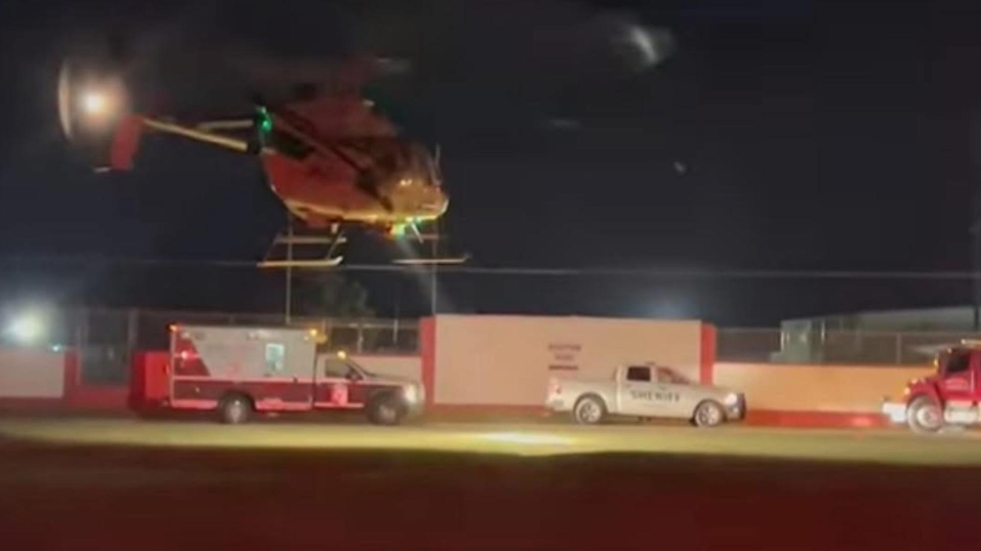 Deputies say the woman was flown to a hospital after a fire sparked inside a senior apartment complex early Tuesday morning.