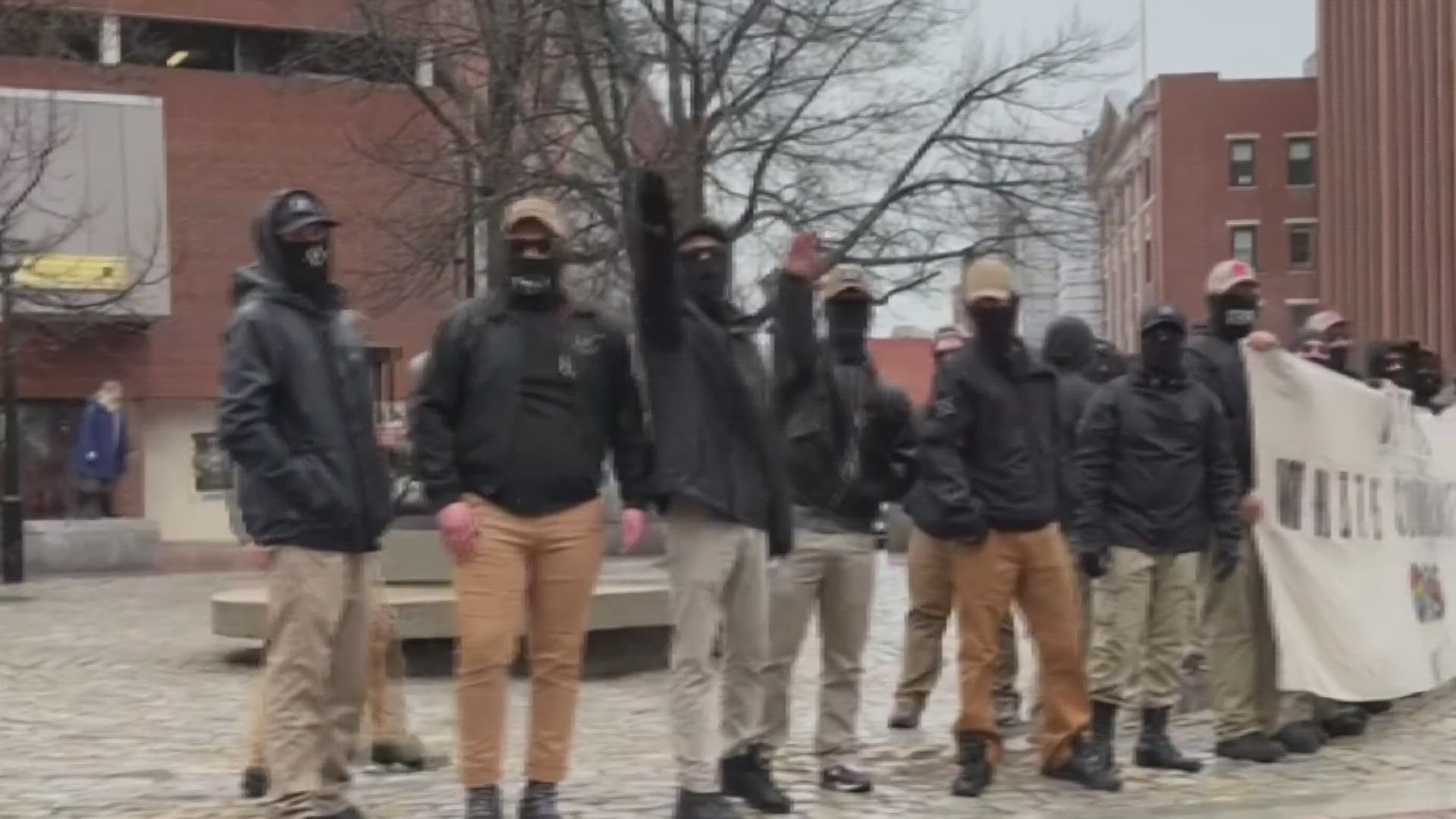 Around two dozen individuals with the Nationalist Social Club 131 walked through the city's downtown with a banner, chanting, and making Nazi salute gestures.