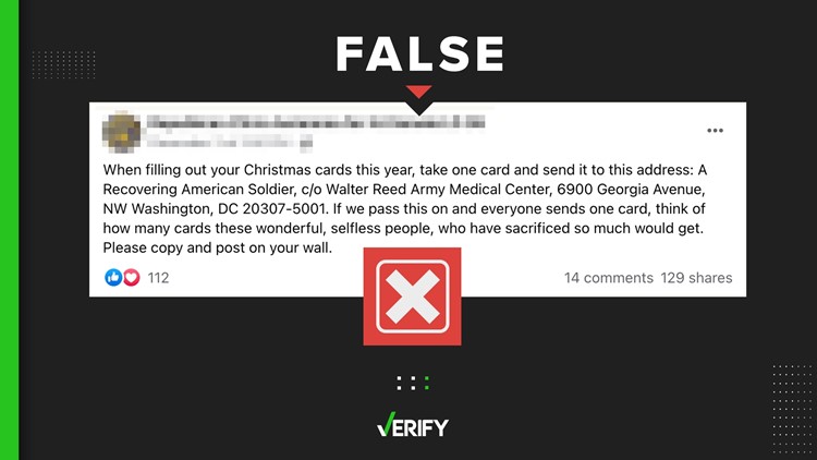 No, you can’t send Christmas cards to ‘recovering American soldiers,’ as meme claims