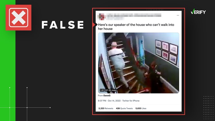 No, a viral video does not show Nancy Pelosi and Paul Pelosi falling down the stairs
