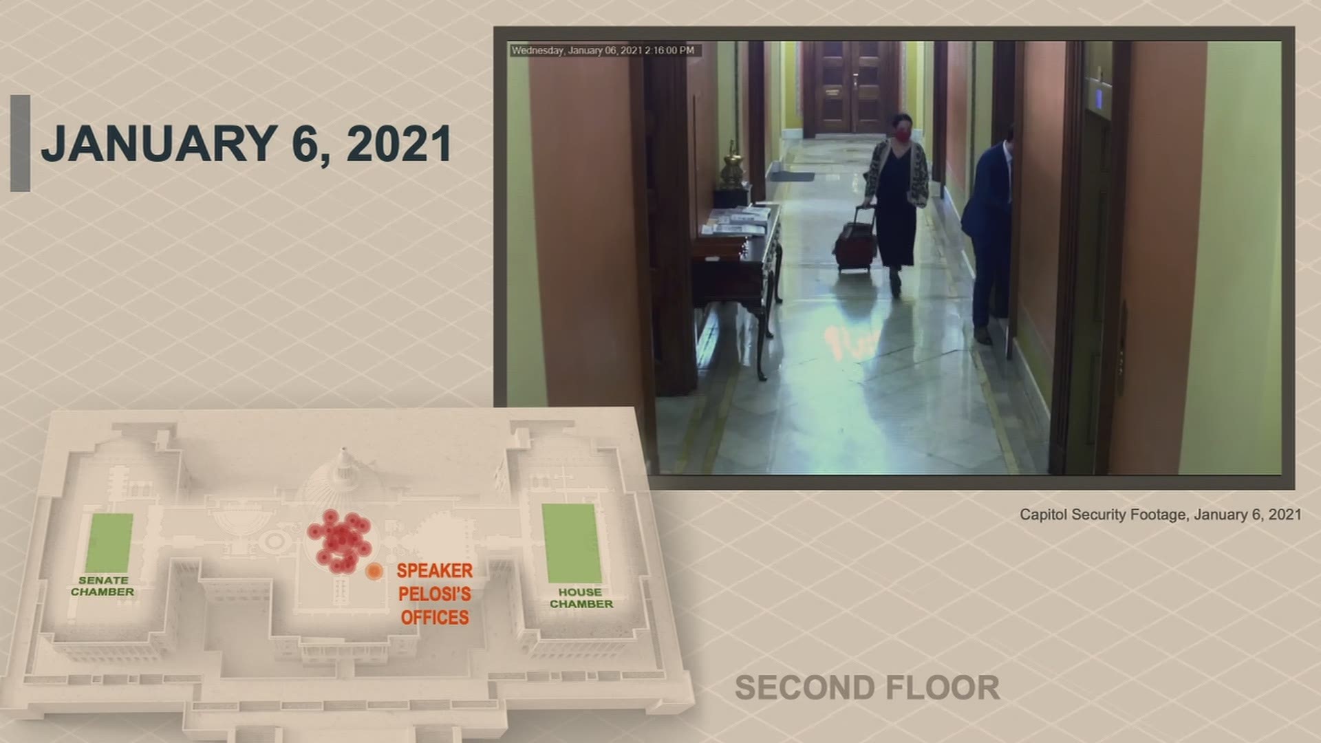 Newly released surveillance video from inside the U.S. Capitol shows staffers for House Speaker Nancy Pelosi fleeing to seek shelter inside a conference room.