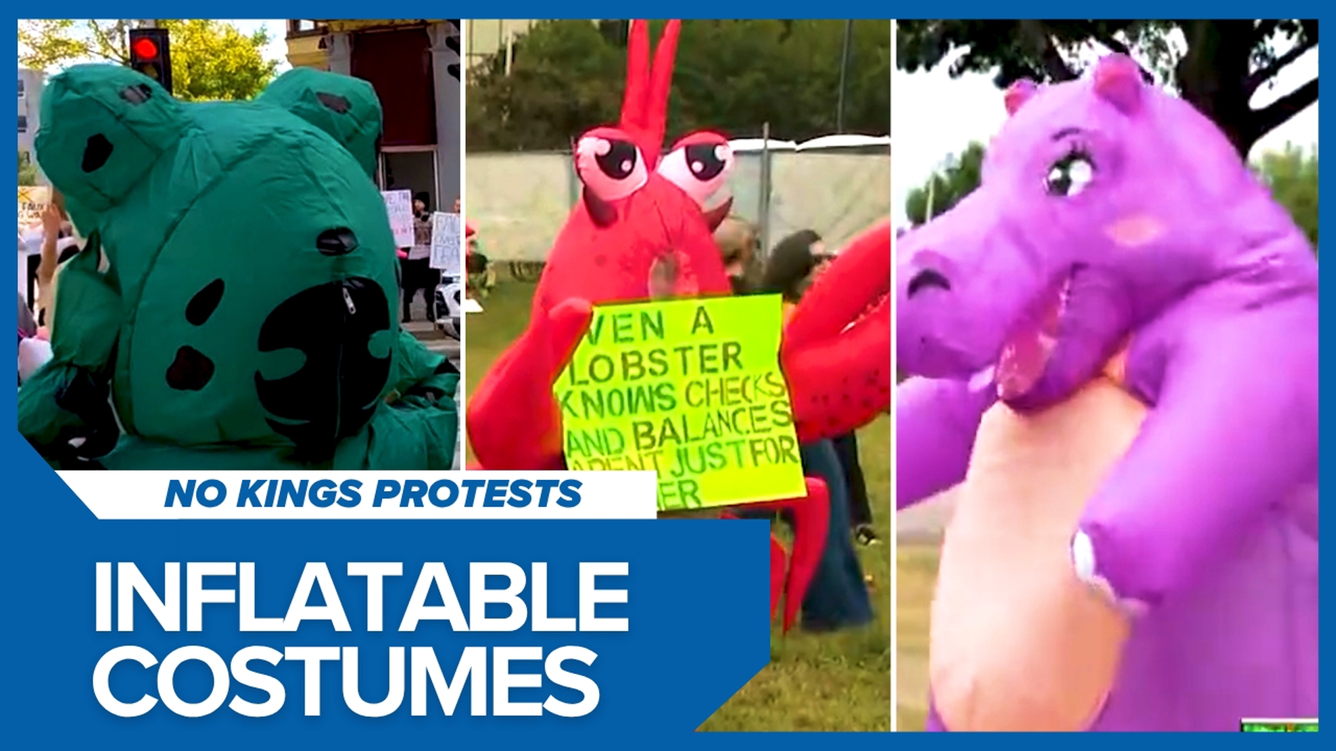 Watch a nationwide montage of people wearing inflatable costumes at the October 2025 No Kings protests.