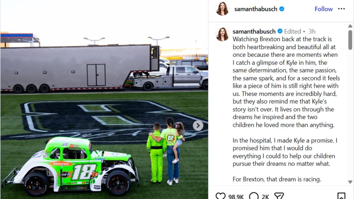 'We race on': Samantha Busch shares post about son's return to racing month after Kyle Busch's death