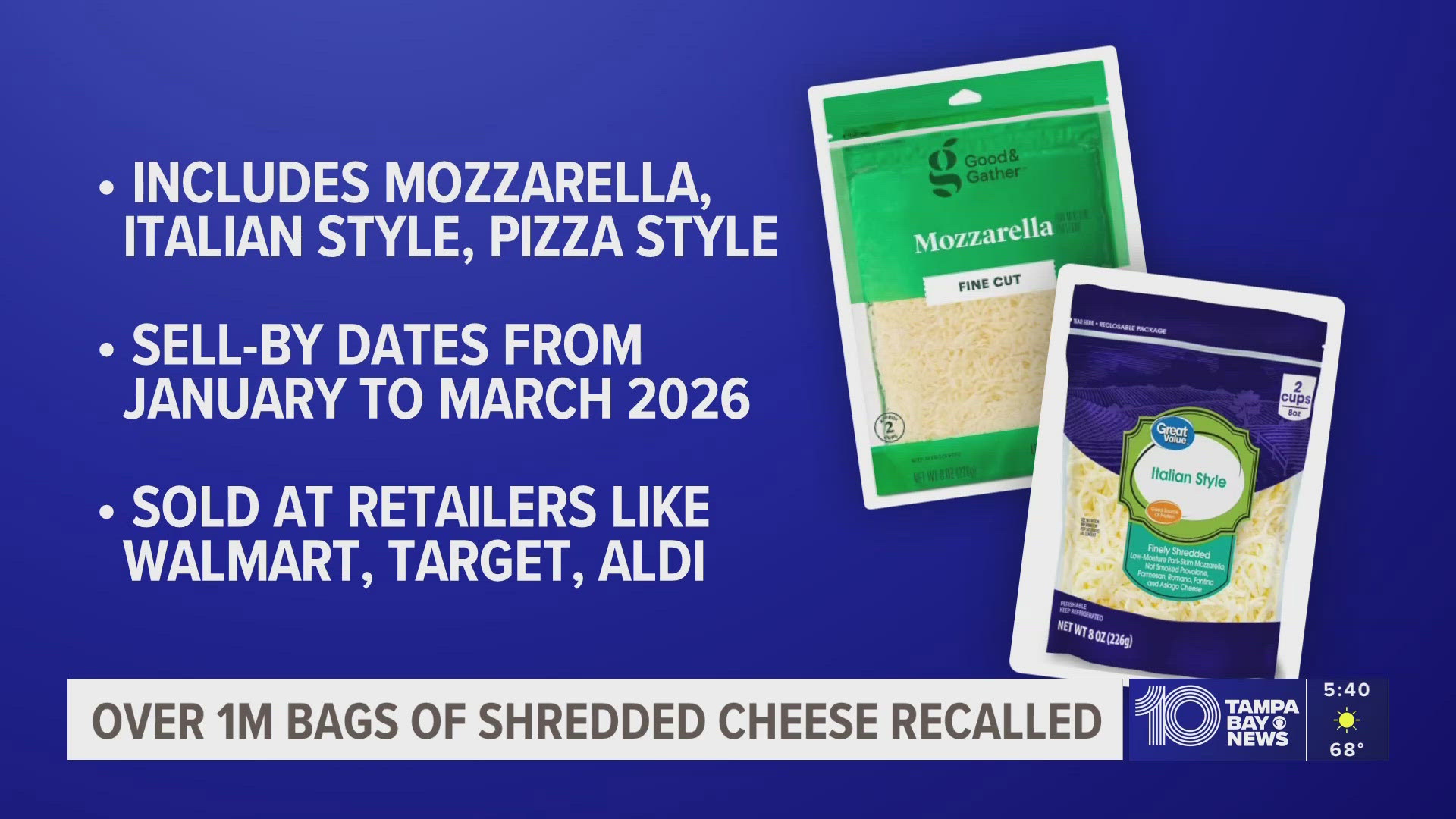 There is a recall for more than 260,000 cases of shredded cheese sold in 31 states and Puerto Rico because of the potential for metal fragment contamination.