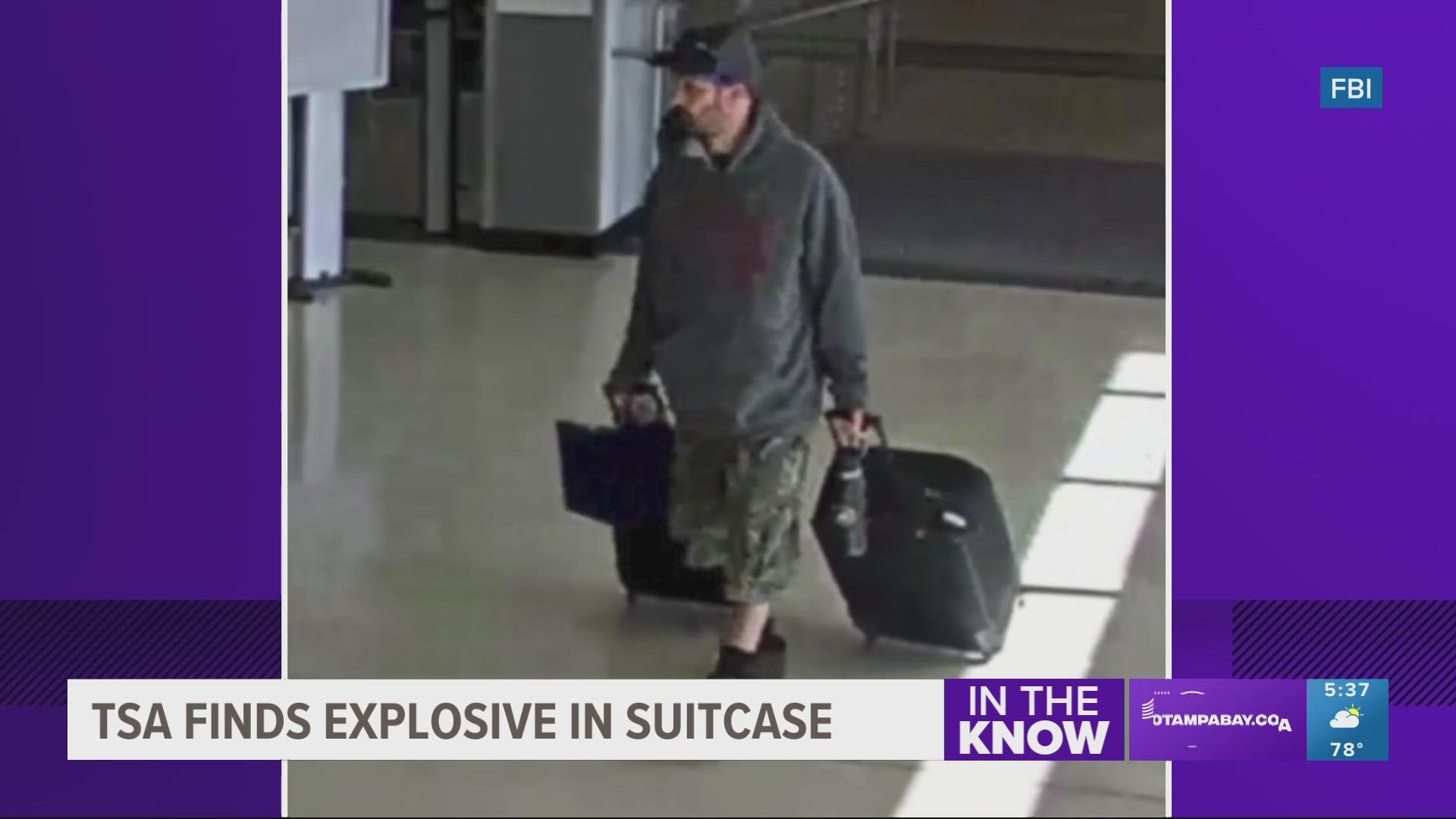 After an alert during security screening, an FBI bomb technician examined the object found in the checked bag and found it contained explosive powders and a fuse.