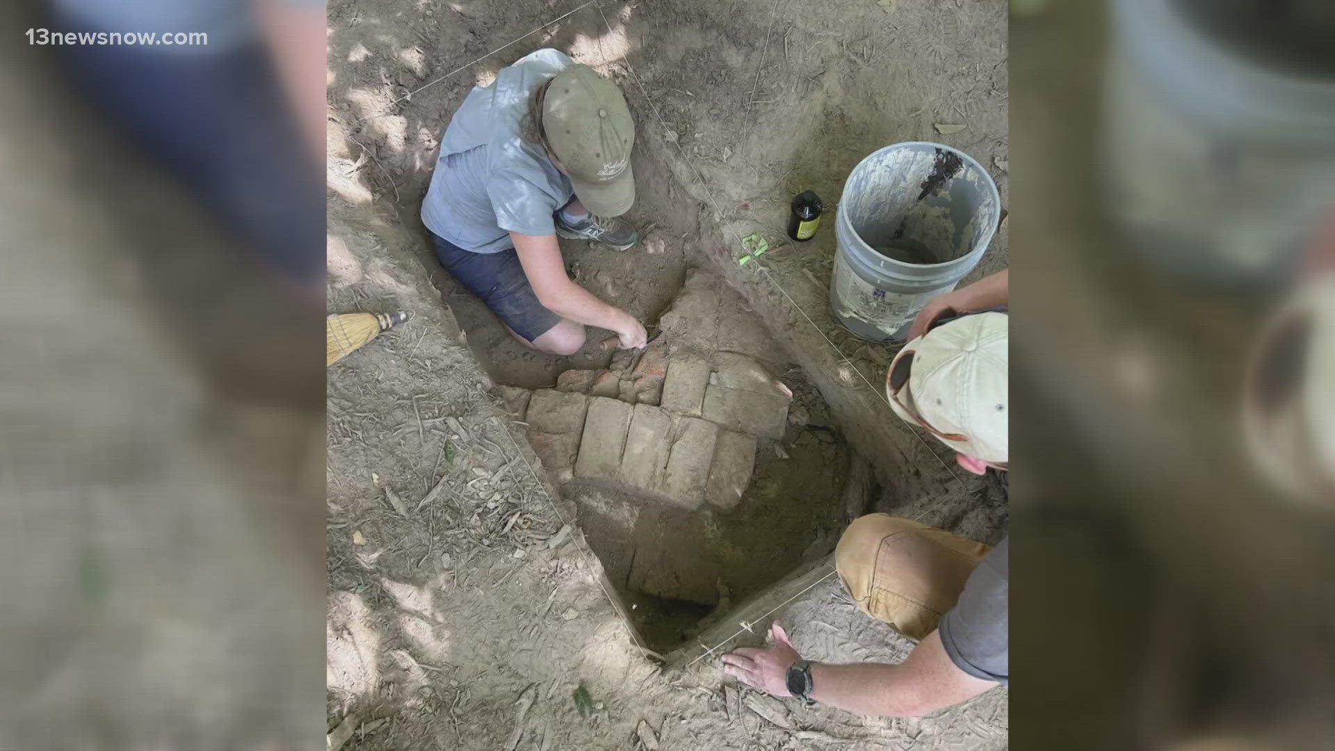 These artifacts were found at Colonial Williamsburg, including musket balls and chimney bricks.