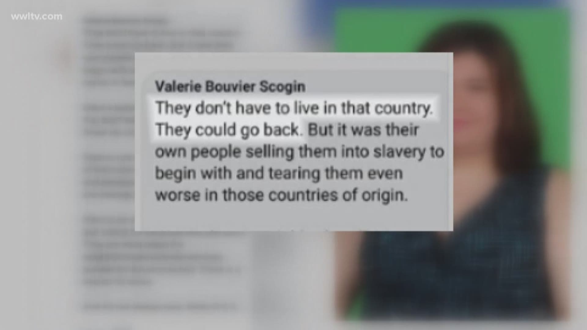 Scogin posted on Facebook saying "they don't have to live in that country. they could go back," the post goes on to say "Want to not be stereotyped, tell people of that color to quit acting like animals."